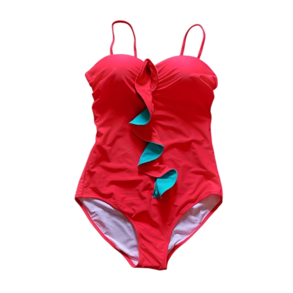 Classic Red One-Piece Swimsuit with Teal Ruffle Detail - Picture 7 of 7